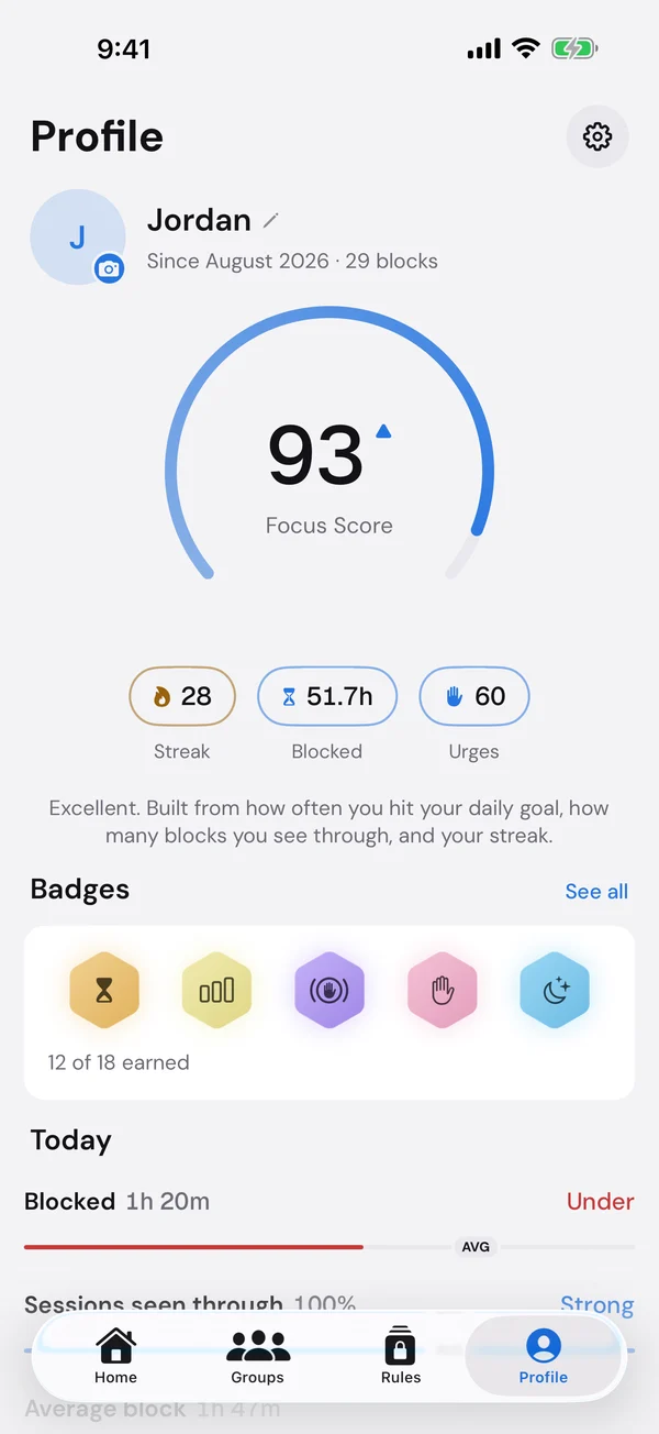 Profile: focus score, streak and badges